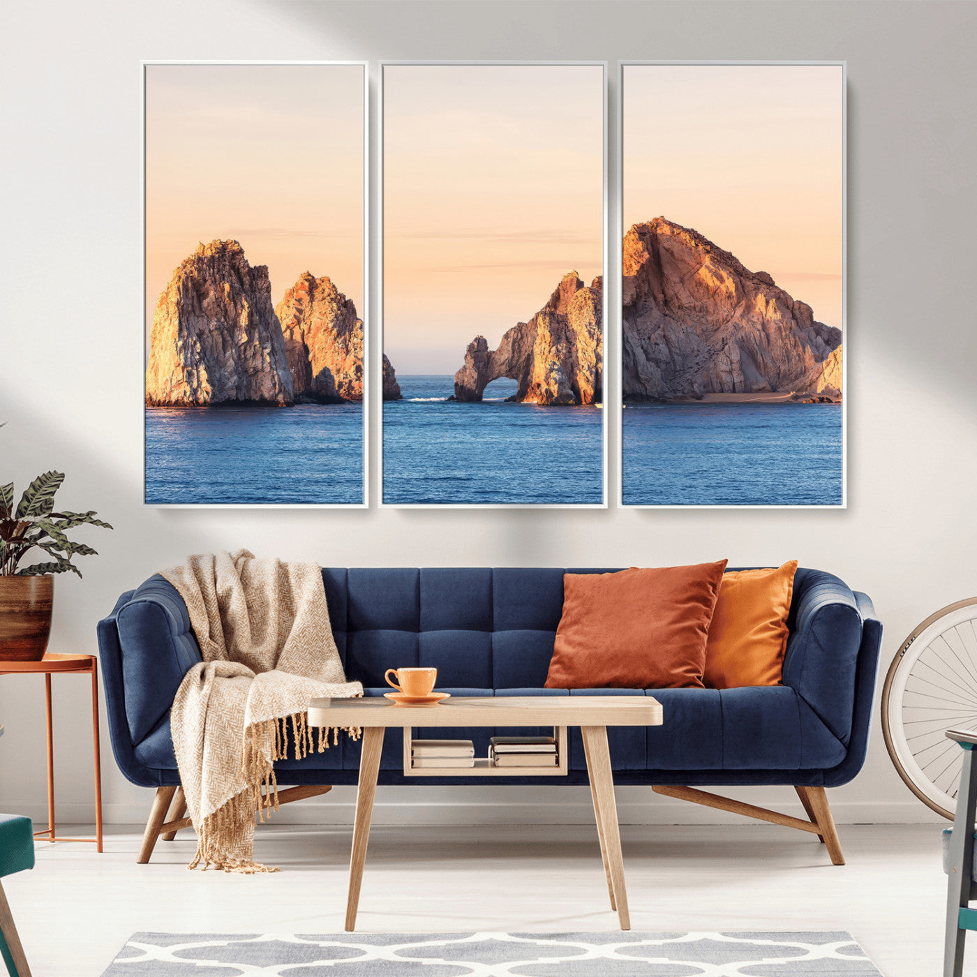 72996116-MGV-FC-48X32-3P_White-El Arco Wall Art Canvas Print, Framed Cabo Rocks Art Picture Print, Ocean Arch Perfect Golden Coastal Landmark Decor Artwork