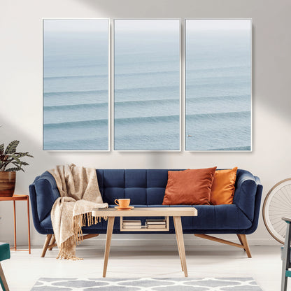 47814787-MGV-FC-48X32-3P_White-Ocean Waves Wall Art Canvas Print, Framed Solo Surfer Art Picture Print, Wave Lines Perfect Minimalist Ocean Decor Artwork