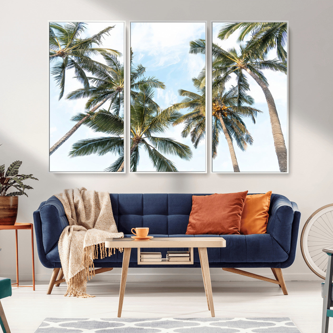 87247012-MGV-FC-48X32-3P_White-Skyward Palm Trees Wall Art Canvas Print, Framed Tropical Sky Art Picture Print, Coconut Palm Perfect Tropical Skyview Decor