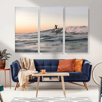 58502923-MGV-FC-48X32-3P_White-Wave Rider Wall Art Canvas Print, Framed Ocean Wave Art Picture Print, Riding Surf Perfect Sunset Surf Decor Artwork