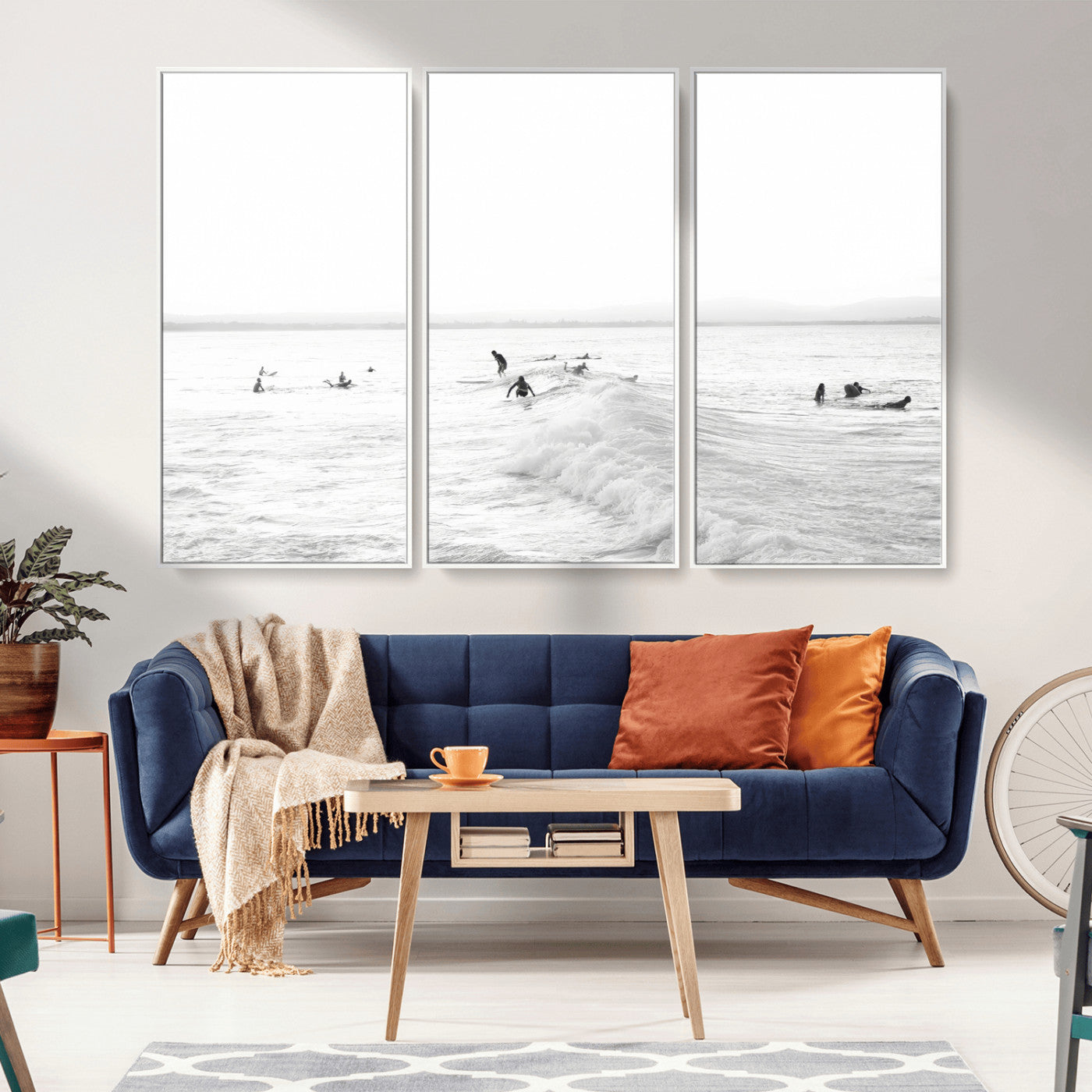 33449548-MGV-FC-48X32-3P_White-Group Surfers Wall Art Canvas Print, Framed Ocean Wave Art Picture Print, Surf Crowd Perfect Monochrome Surf Decor Artwork