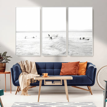33449548-MGV-FC-48X32-3P_White-Group Surfers Wall Art Canvas Print, Framed Ocean Wave Art Picture Print, Surf Crowd Perfect Monochrome Surf Decor Artwork