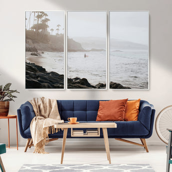 62501405-MGV-FC-48X32-3P_White-Misty Beach Wall Art Canvas Print, Framed California Surfer Art Picture Print, Coastal Cliff Perfect Coastal Beach Decor Artwork
