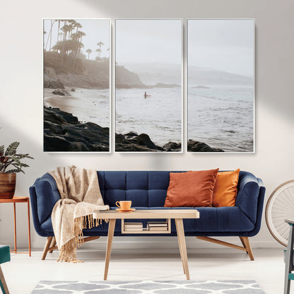62501405-MGV-CV-36X24-Misty Beach Wall Art Canvas Print, Framed California Surfer Art Picture Print, Coastal Cliff Perfect Coastal Beach Decor Artwork