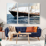 97168626-MGV-FC-48X32-3P_White-Sailing Yacht Wall Art Canvas Print, Framed Wooden Yacht Art Picture Print, Ocean Waves Perfect Nautical Coastal Decor Artwork