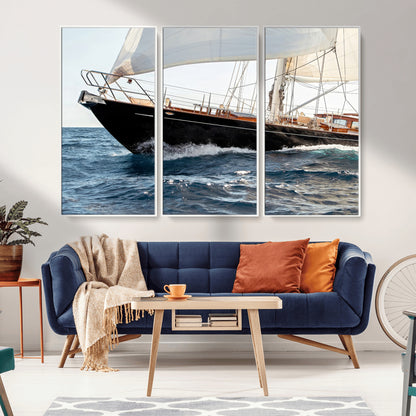 97168626-MGV-CV-36X24-Sailing Yacht Wall Art Canvas Print, Framed Wooden Yacht Art Picture Print, Ocean Waves Perfect Nautical Coastal Decor Artwork