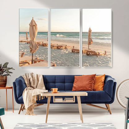 58507949-MGV-CV-36X24-Beach Umbrellas Wall Art Canvas Print, Framed Empty Loungers Art Picture Print, Soft Sand Perfect Minimalist Seaside Decor Artwork