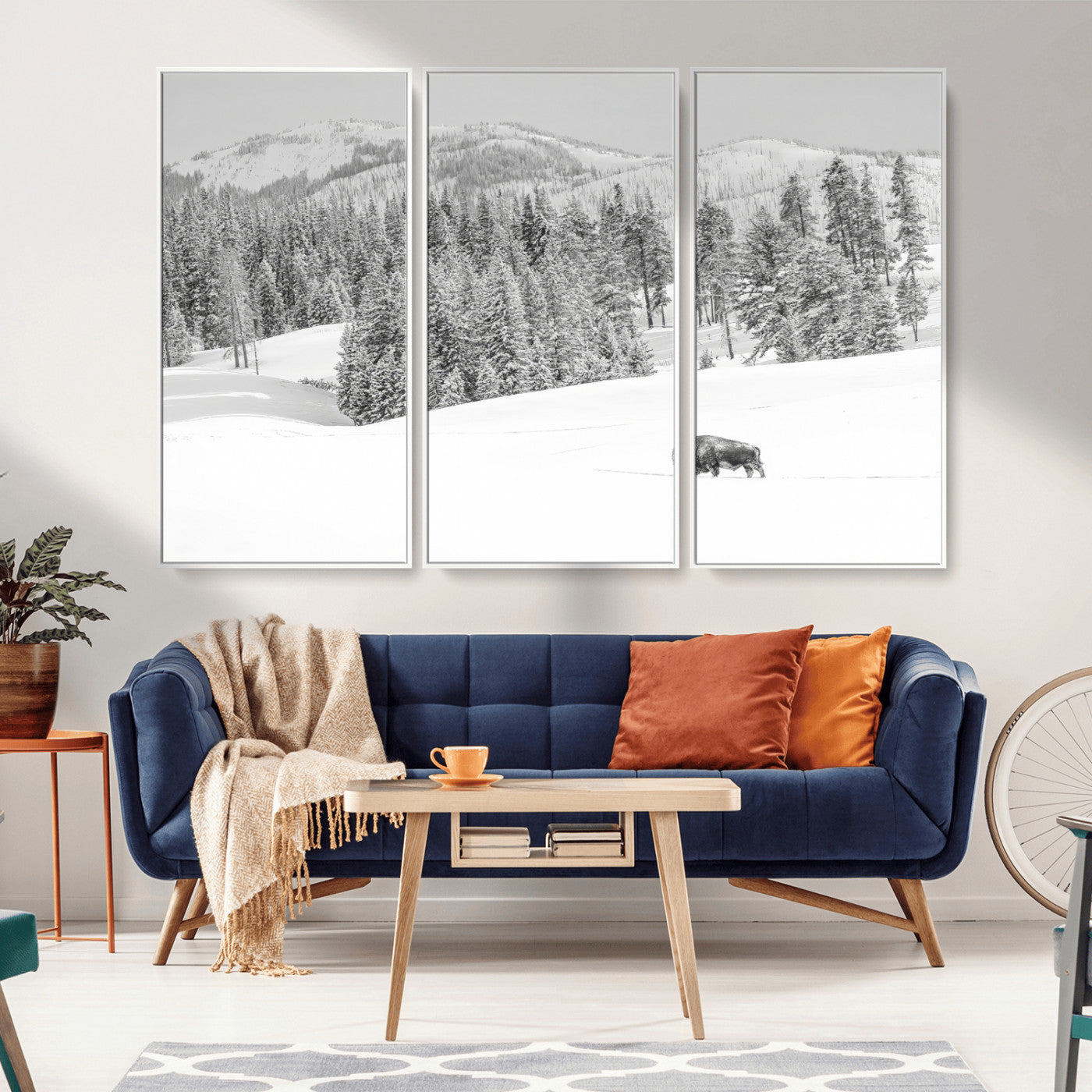 68081143-MGV-FC-48X32-3P_White-Snowy Bison Wall Art Canvas Print, Framed Winter Forest Art Picture Print, Lone Bison Perfect Monochrome Winter Wild Decor Artwork