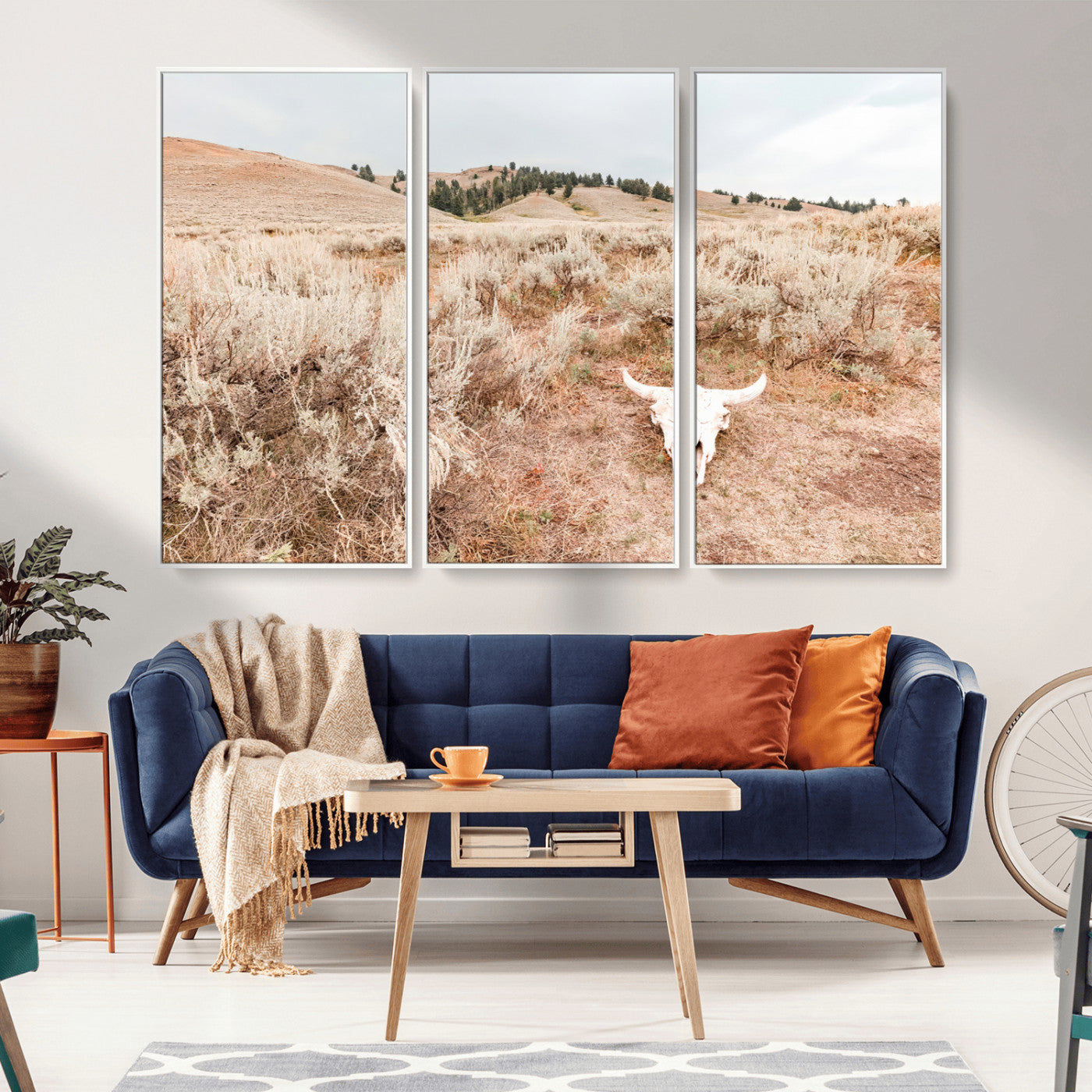 97234735-MGV-FC-48X32-3P_White-Rustic Bones Wall Art Canvas Print, Framed Desert Sage Art Picture Print, Prairie Skull Perfect Minimal Rustic Decor Artwork