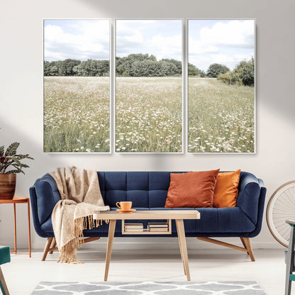 43258946-MGV-FC-48X32-3P_White-Daisy Field Wall Art Canvas Print, Framed Pastel Flower Art Picture Print, Meadow Bloom Perfect Scandinavian Minimalist Decor