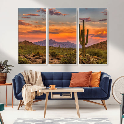 25332783-MGV-CV-36X24-Saguaro Cactus Wall Art Canvas Print, Framed Arizona Sunset Art Picture Print, Sonoran Desert Perfect Southwestern Boho Decor