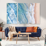17641845-MGV-FC-48X32-3P_White-Aerial Ocean Wall Art Canvas Print, Framed Blue Waves Art Picture Print, Sandy Shoreline Perfect Modern Coastal Decor Artwork