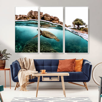 44200301-MGV-CV-36X24-Sea Turtle Swim Wall Art Canvas Print, Framed Ocean Life Art Picture Print, Tropical Shoreline Perfect Tropical Coastal Decor