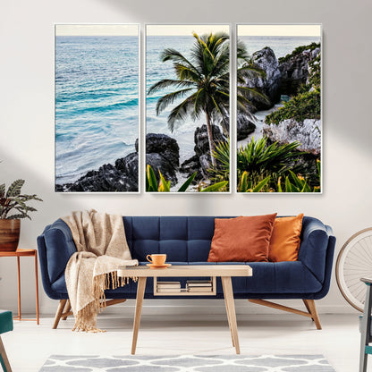 94669907-MGV-CV-36X24-Tropical Coastline Wall Art Canvas Print, Framed Palm Tree Art Picture Print, Rocky Beach Perfect Tropical Coastal Decor Artwork