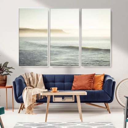 39310633-MGV-FC-48X32-3P_White-Coastal Cliffs Wall Art Canvas Print, Framed Misty Ocean Art Picture Print, Morning Light Perfect Minimalistic Coastal Decor