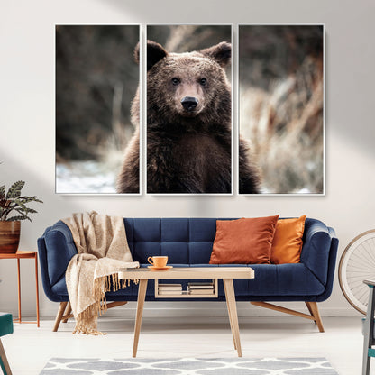 47112103-MGV-FC-48X32-3P_White-Brown Bear Wall Art Canvas Print, Framed Forest Wildlife Art Picture Print, Woodland Bear Perfect Rustic Cabin Decor Artwork