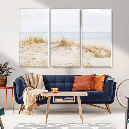 13146857-MGV-CV-36X24-Beach Dunes Wall Art Canvas Print, Framed Soft Horizon Art Picture Print, Coastal Grass Perfect Minimalist Coastal Decor Artwork