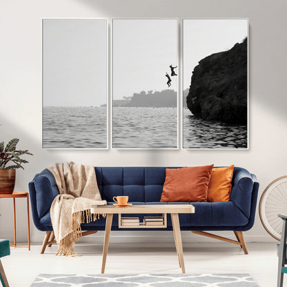 52284302-MGV-CV-36X24-Cliff Jumping Wall Art Canvas Print, Framed Ocean Adventure Art Picture Print, Black White Coast Perfect Modern Coastal Decor