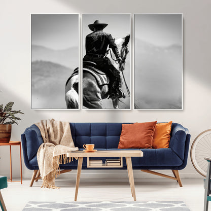 83102464-MGV-FC-48X32-3P_White-Western Cowboy Wall Art Canvas Print, Framed Monochrome Horse Art Picture Print, Western Equestrian Perfect Rustic Western Decor