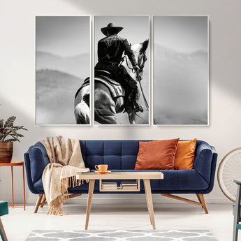 83102464-MGV-CV-36X24-Western Cowboy Wall Art Canvas Print, Framed Monochrome Horse Art Picture Print, Western Equestrian Perfect Rustic Western Decor
