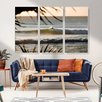 24896468-MGV-CV-36X24-Sunset Surf Wall Art Canvas Print, Framed Golden Waves Art Picture Print, Tropical Ocean Perfect Tropical Boho Decor Artwork
