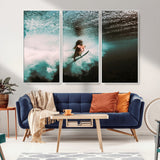 85923512-MGV-FC-48X32-3P_White-Aquatic Motion Wall Art Canvas Print, Framed Underwater Swimming Art Picture Print, Female Surfer Diving Perfect Coastal Boho