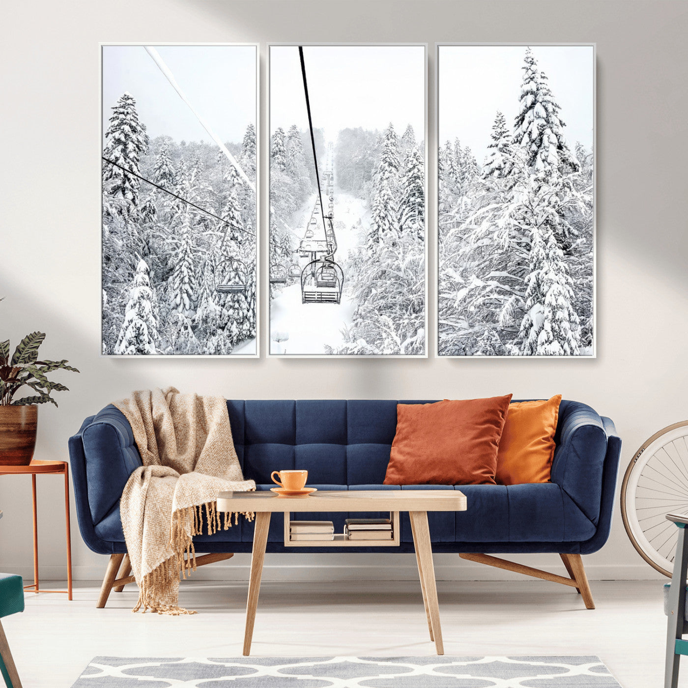44705668-MGV-CV-36X24-Winter Forest Wall Art Canvas Print, Framed Snowy Forest Art Picture Print, Ski Lift Perfect Scandinavian Decor Artwork