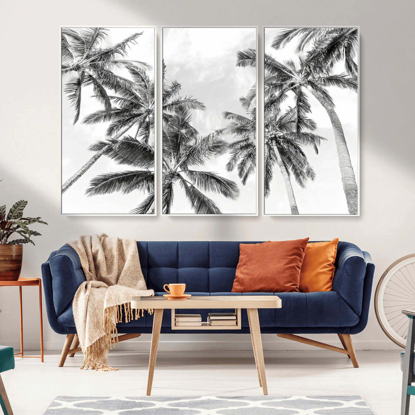 62113786-MGV-FC-48X32-3P_White-Black White Palm Wall Art Canvas Print, Framed Monochrome Tropics Art Picture Print, Minimalist Beach Perfect Coastal Minimalist