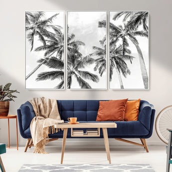 62113786-MGV-FC-48X32-3P_White-Black White Palm Wall Art Canvas Print, Framed Monochrome Tropics Art Picture Print, Minimalist Beach Perfect Coastal Minimalist