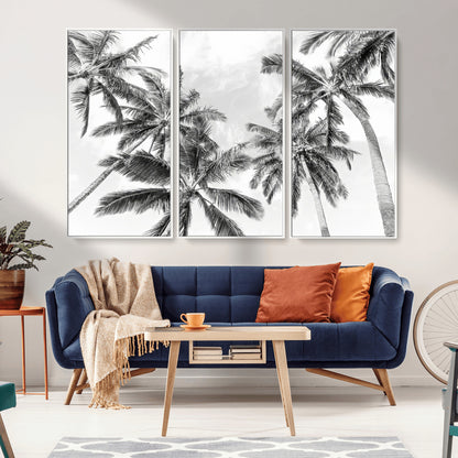 62113786-MGV-FC-48X32-3P_White-Black White Palm Wall Art Canvas Print, Framed Monochrome Tropics Art Picture Print, Minimalist Beach Perfect Coastal Minimalist