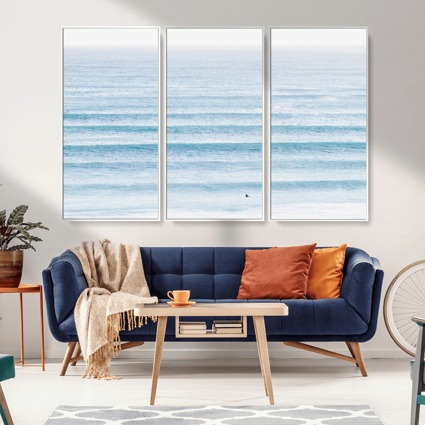 77145995-MGV-CV-36X24-Ocean Simplicity Wall Art Canvas Print, Framed Surfer on Water Art Picture Print, Light Blue Perfect Coastal Minimalist Decor