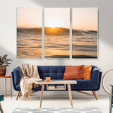 16973771-MGV-FC-48X32-3P_White-Calm Water Wall Art Canvas Print, Framed Sunset Waves Art Picture Print, Coastal Warmth Perfect Warm Minimalist Decor Artwork