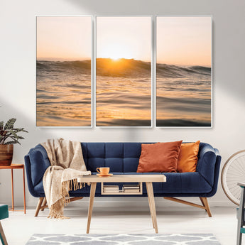 16973771-MGV-FC-48X32-3P_White-Calm Water Wall Art Canvas Print, Framed Sunset Waves Art Picture Print, Coastal Warmth Perfect Warm Minimalist Decor Artwork