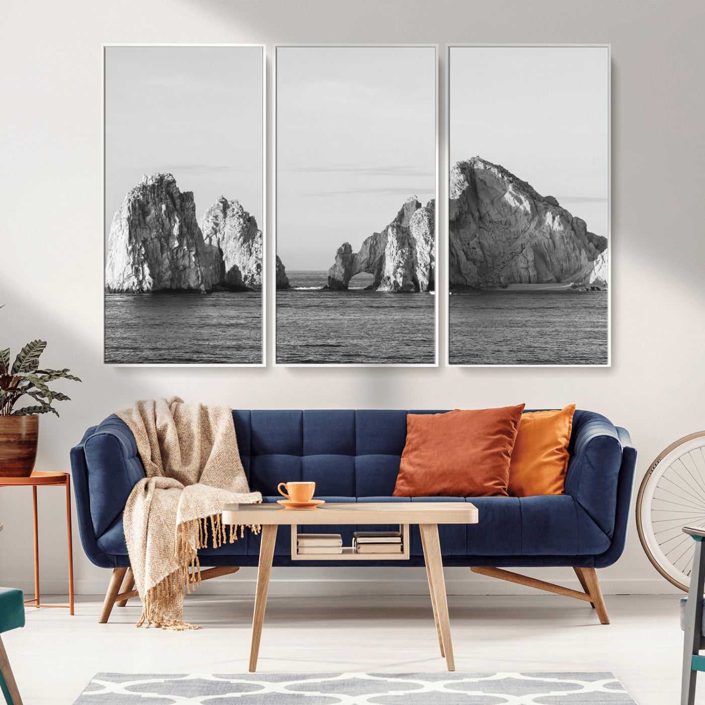 18810731-MGV-CV-36X24-Rugged Coastline Wall Art Canvas Print, Framed Ocean Cliffs Art Picture Print, Monochrome Seascape Perfect Coastal Minimalist