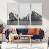 18810731-MGV-CV-36X24-Rugged Coastline Wall Art Canvas Print, Framed Ocean Cliffs Art Picture Print, Monochrome Seascape Perfect Coastal Minimalist