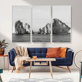 18810731-MGV-CV-36X24-Rugged Coastline Wall Art Canvas Print, Framed Ocean Cliffs Art Picture Print, Monochrome Seascape Perfect Coastal Minimalist