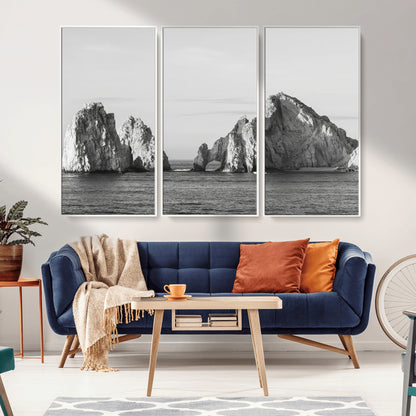 18810731-MGV-CV-36X24-Rugged Coastline Wall Art Canvas Print, Framed Ocean Cliffs Art Picture Print, Monochrome Seascape Perfect Coastal Minimalist