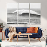 42544082-MGV-CV-36X24-Monochrome Seascape Wall Art Canvas Print, Framed Surf Wave Art Picture Print, Minimalist Ocean Perfect Moody Coastal Decor