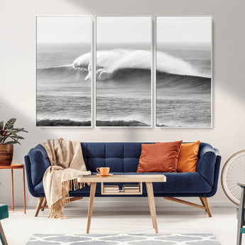 42544082-MGV-CV-36X24-Monochrome Seascape Wall Art Canvas Print, Framed Surf Wave Art Picture Print, Minimalist Ocean Perfect Moody Coastal Decor