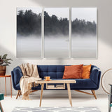 59703275-MGV-FC-48X32-3P_White-Surfer in Fog Wall Art Canvas Print, Framed Foggy Beach Art Picture Print, Coastal Surf Perfect Moody Coastal Decor Artwork