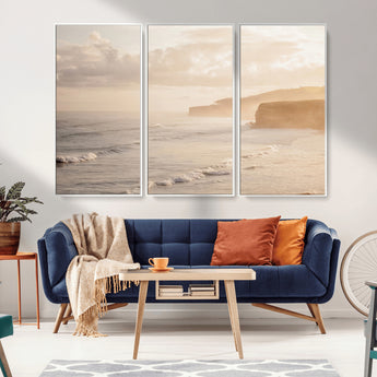 57669769-MGV-CV-36X24-Misty Coastal Wall Art Canvas Print, Framed Golden Sunset Art Picture Print, Serene Shoreline Perfect Tranquil Coastal Decor