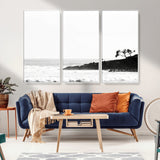 40875891-MGV-CV-36X24-SurferCliffs Wall Art Canvas Print, Framed Black White Beach Art Picture Print, Ocean Waves Perfect Minimalist Coastal Decor