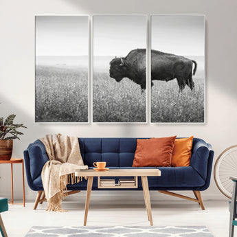 28435251-MGV-FC-48X32-3P_White-Bison In Prairie Wall Art Canvas Print, Framed Rustic Wildlife Art Picture Print, Wild Buffalo Perfect Rustic Western Decor