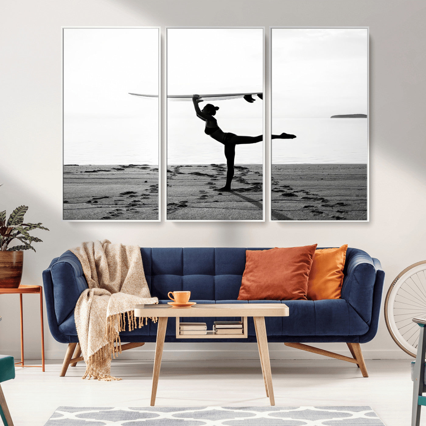 28441356-MGV-FC-48X32-3P_White-Yoga Surf Wall Art Canvas Print, Framed Black White Shore Art Picture Print, Peaceful Ocean Perfect Minimalist Coastal Decor