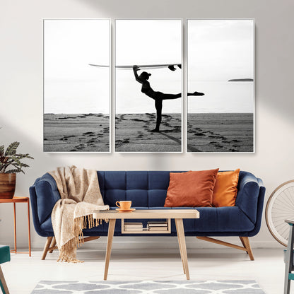 28441356-MGV-FC-48X32-3P_White-Yoga Surf Wall Art Canvas Print, Framed Black White Shore Art Picture Print, Peaceful Ocean Perfect Minimalist Coastal Decor