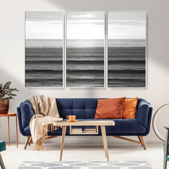47305203-MGV-FC-48X32-3P_White-Monochrome Ocean Wall Art Canvas Print, Framed Moody Ocean Art Picture Print, Calm Ocean Perfect Minimalist Coastal Decor Artwork