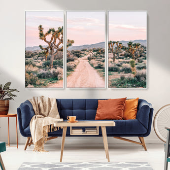 12540952-MGV-FC-48X32-3P_White-Joshua Tree Park Wall Art Canvas Print, Framed Desert Road Art Picture Print, Sunset Drive Perfect Southwestern Boho Decor Artwork