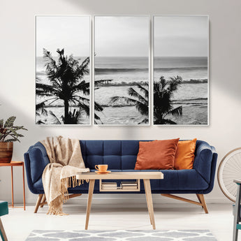 17508038-MGV-FC-48X32-3P_White-Tropical Coastline Wall Art Canvas Print, Framed Palm Trees Art Picture Print, Ocean Waves Perfect Minimalist Coastal Decor