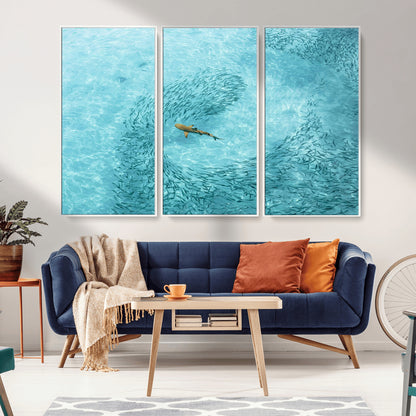 43671474-MGV-CV-36X24-Fish Swarm Wall Art Canvas Print, Framed Marine Life Art Picture Print, Shark Aerial Perfect Wildlife Coastal Decor Artwork