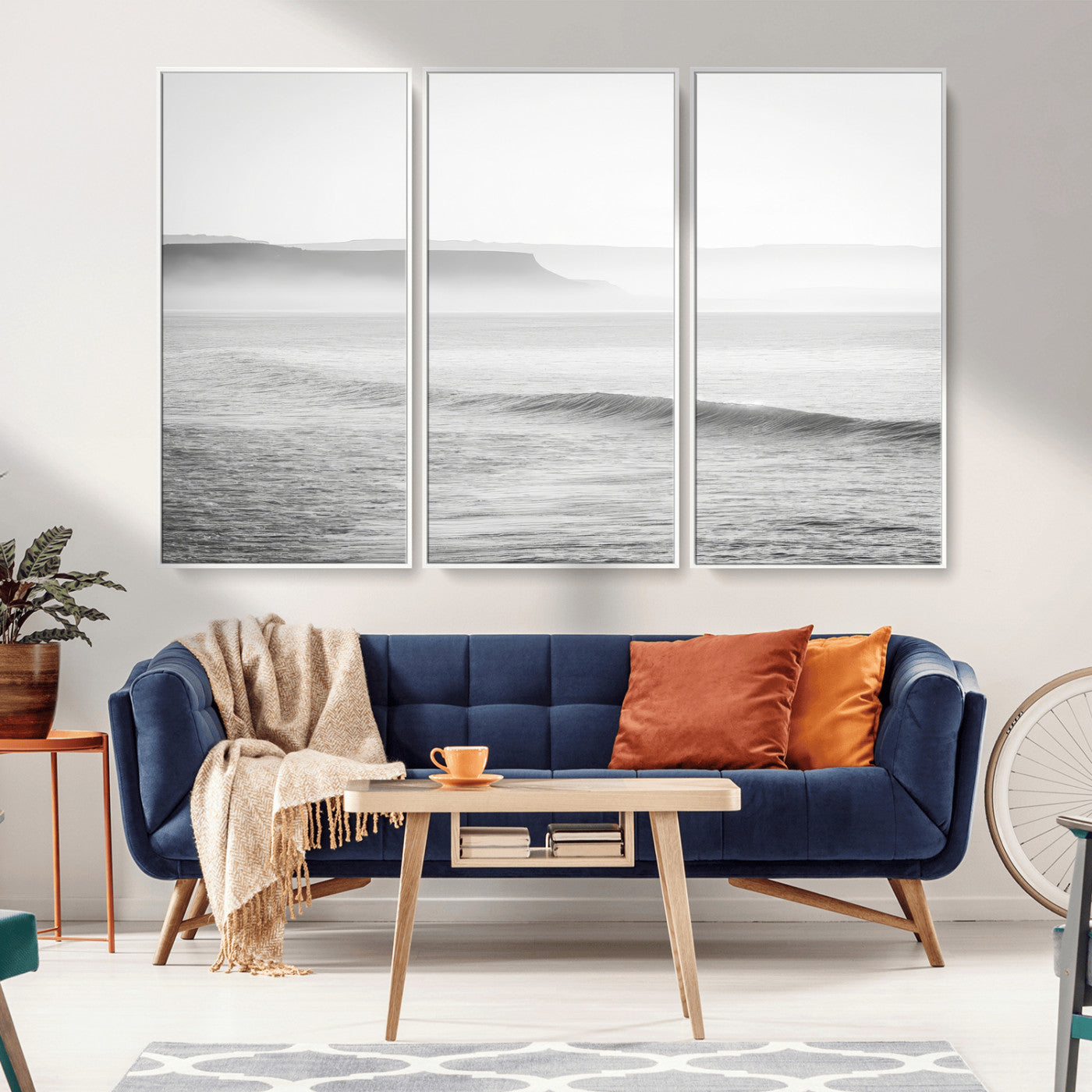 60635783-MGV-FC-48X32-3P_White-Black White Seascape Wall Art Canvas Print, Framed Ocean Waves Art Picture Print, Misty Coastal Perfect Minimalist Coastal Decor